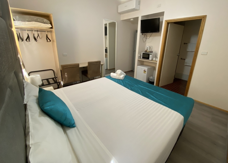 A renovated guest room at the motel